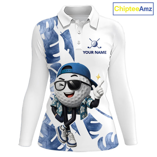 Funny Golf Ball Tropical Pattern Custom Womens Golf Polo Shirts, Golfing Gifts|Blue NBT708