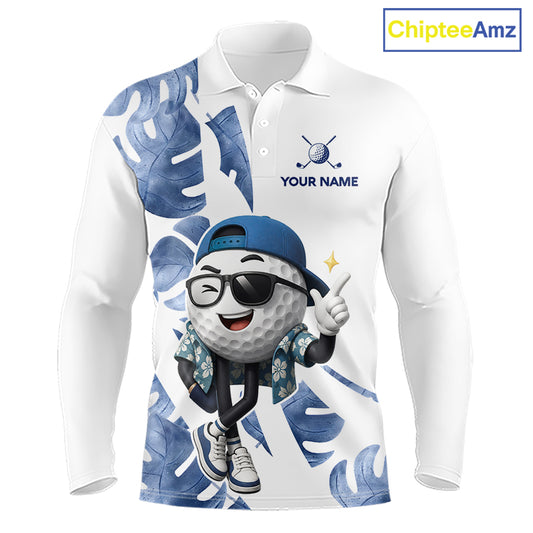 Funny Golf Ball Tropical Pattern Custom Mens Golf Polo Shirts, Golfing Gifts|Blue NBT708