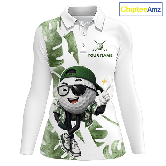Funny Golf Ball Tropical Pattern Custom Womens Golf Polo Shirts, Golfing Gifts|Green NBT709