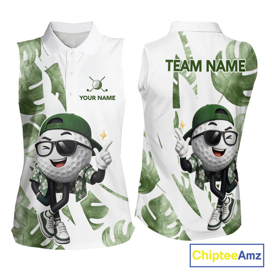 Funny Golf Ball Tropical Pattern Custom Womens Sleeveless Golf Polo Shirts, Golfing Gifts|Green NBT709