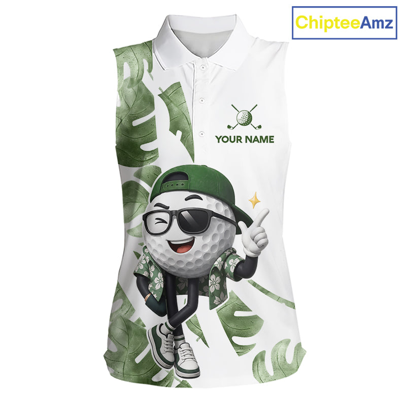 Funny Golf Ball Tropical Pattern Custom Womens Sleeveless Golf Polo Shirts, Golfing Gifts|Green NBT709