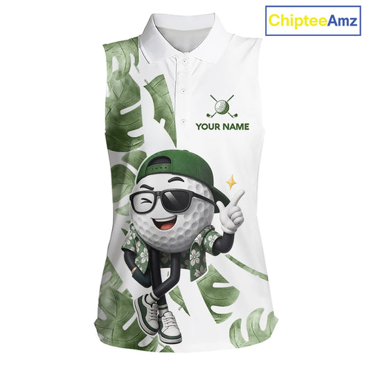 Funny Golf Ball Tropical Pattern Custom Womens Sleeveless Golf Polo Shirts, Golfing Gifts|Green NBT709