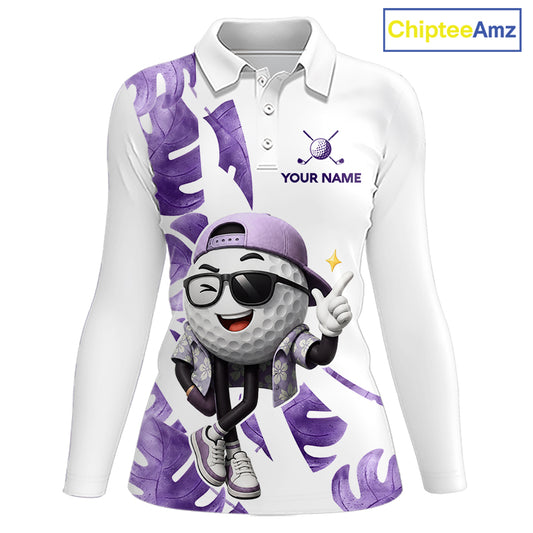 Funny Golf Ball Tropical Pattern Custom Womens Golf Polo Shirts, Golfing Gifts|Purple NBT710