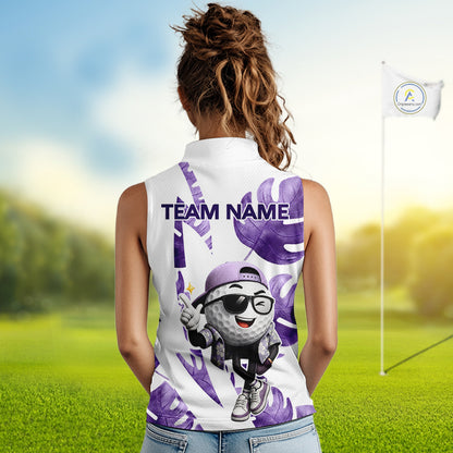 Funny Golf Ball Tropical Pattern Custom Womens Sleeveless Golf Polo Shirts, Golfing Gifts|Purple NBT710