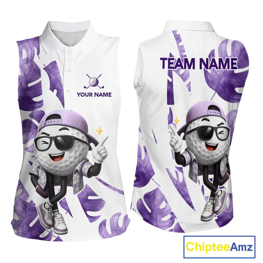 Funny Golf Ball Tropical Pattern Custom Womens Sleeveless Golf Polo Shirts, Golfing Gifts|Purple NBT710
