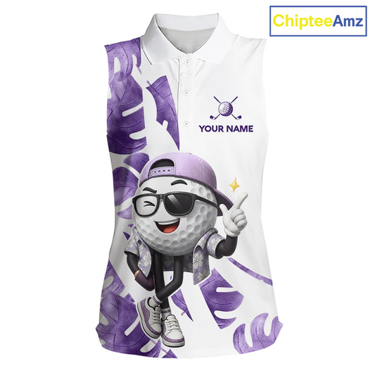 Funny Golf Ball Tropical Pattern Custom Womens Sleeveless Golf Polo Shirts, Golfing Gifts|Purple NBT710
