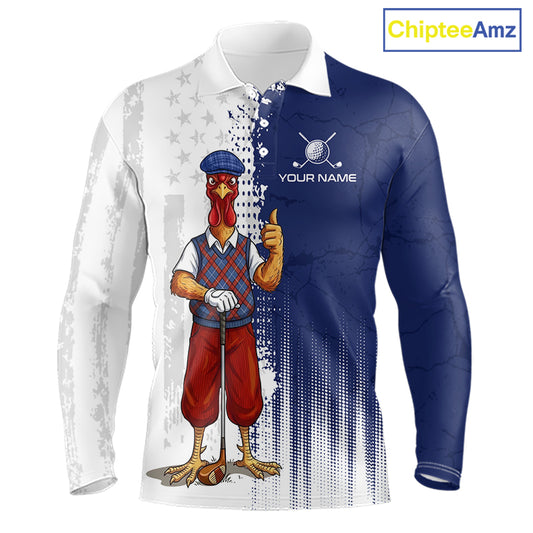 Front view of funny colorful rooster American Flag mens long sleeve golf polo shirt