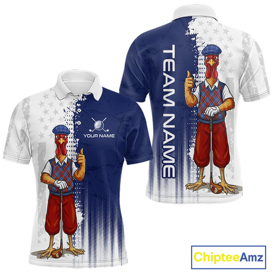 Front and back view of funny colorful rooster American Flag mens golf polo shirt with personalized name