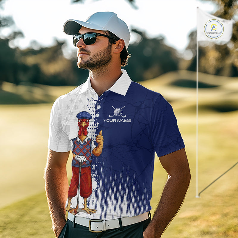 Man wearing Funny colorful rooster American Flag mens golf polo shirt on a golf course