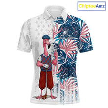 Load image into Gallery viewer, Front view of funny tropical flamingo American Flag mens golf polo shirt