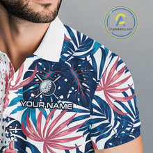 Load image into Gallery viewer, Close-up of tropical flamingo and American Flag graphic on mens golf polo