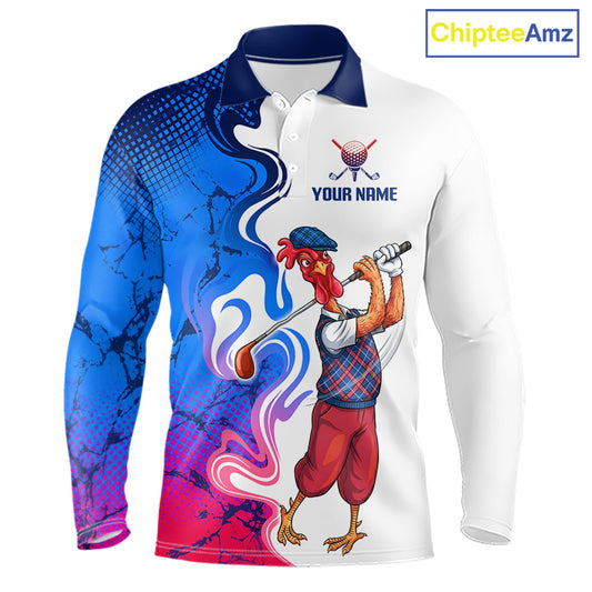 Funny Rooster Camouflage Long Sleeve Golf Polo Shirt Men Front View Custom Name