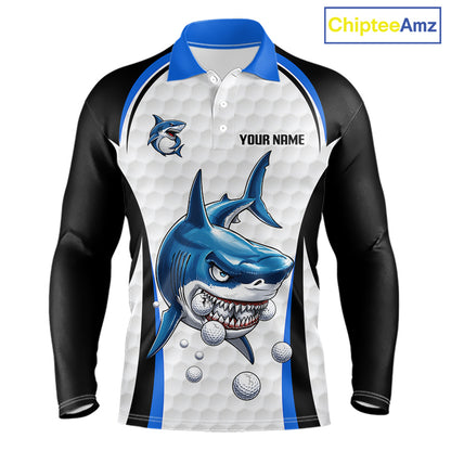 Custom Mens Golf Polo Shirt Funny Blue And White Shark Pattern Golf Shirts For Men, Team Golf Shirts NBT819