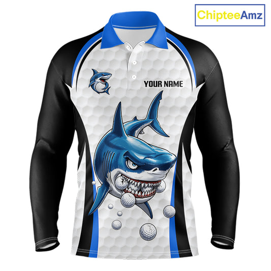 Custom Mens Golf Polo Shirt Funny Blue And White Shark Pattern Golf Shirts For Men, Team Golf Shirts NBT819