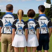 Load image into Gallery viewer, Team wearing Blue White Shark Pattern Mens Golf Polo Shirt Custom Team Name on the back