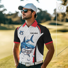Load image into Gallery viewer, Man wearing Red White Shark Pattern Mens Golf Polo Shirt Front View with Personalized Name on the chest