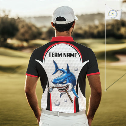 Man wearing Red White Shark Pattern Mens Golf Polo Shirt Back View with custom team name on the back