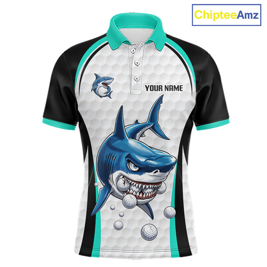 Turquoise White Shark Pattern Mens Golf Polo Shirt Front View Custom Name