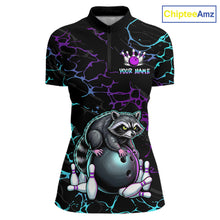 Load image into Gallery viewer, Neon Blue Purple Funny Raccoon Bowling Team Shirt Customized Bowling League Polo &amp; 1/4 Zip Gift For Women NBT893