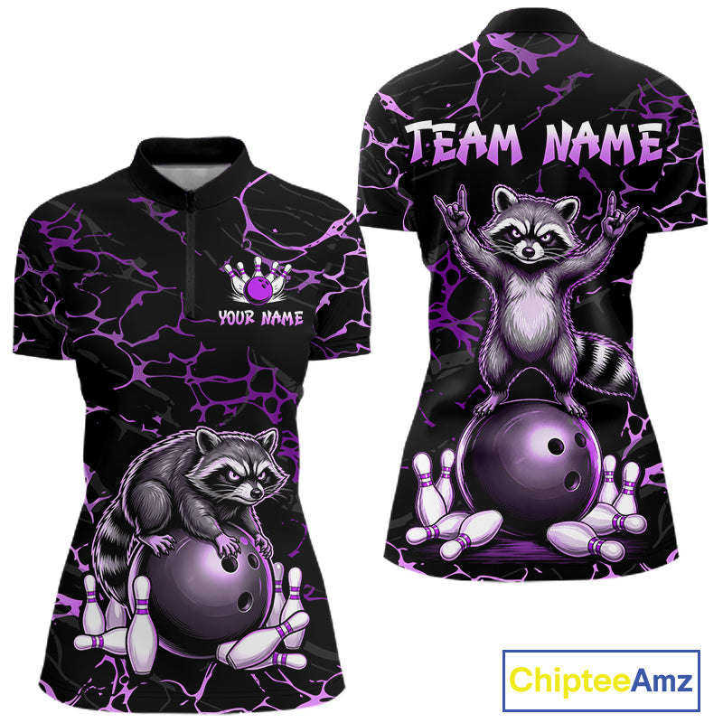 Purple Funny Raccoon Bowling Team Shirt Customized Bowling League Polo & 1/4 Zip Gift For Women NBT894