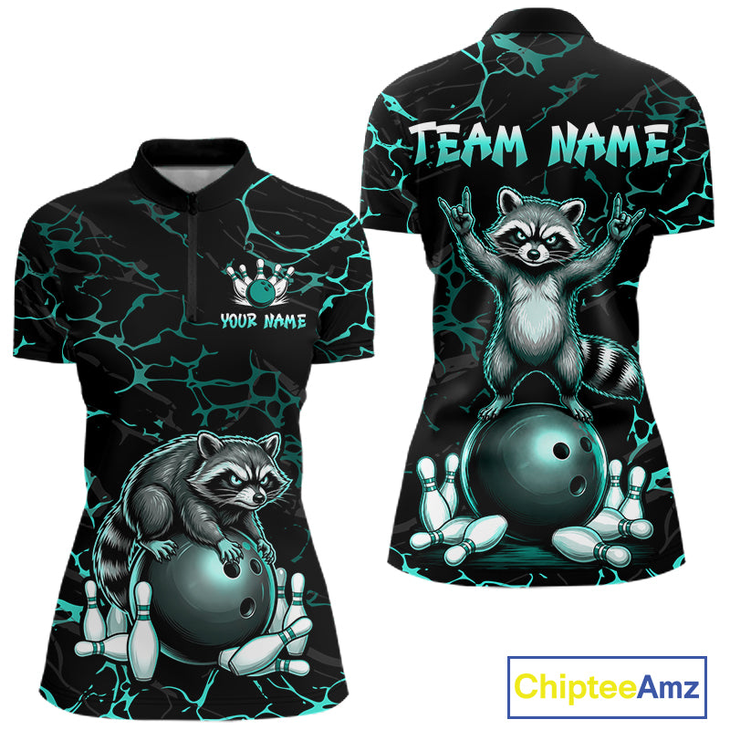 Turquoise Funny Raccoon Bowling Team Shirt Customized Bowling League Polo & 1/4 Zip Gift For Women NBT895