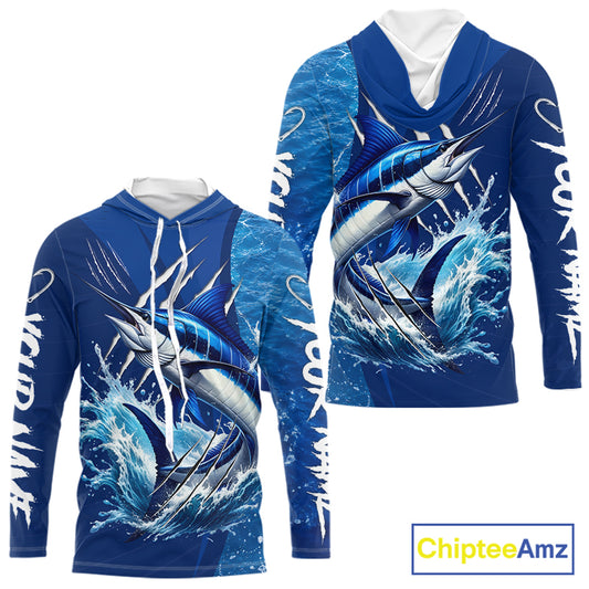 Marlin Fishing Custom Long Sleeve Hooded Performance Fishing Shirts, Marlin Saltwater Fishing Shirt NBT720