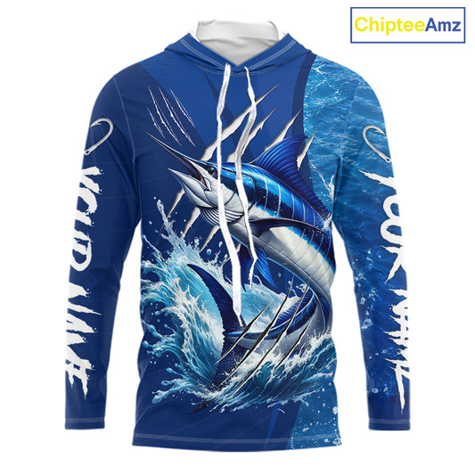 Marlin Fishing Custom Long Sleeve Hooded Performance Fishing Shirts, Marlin Saltwater Fishing Shirt NBT720