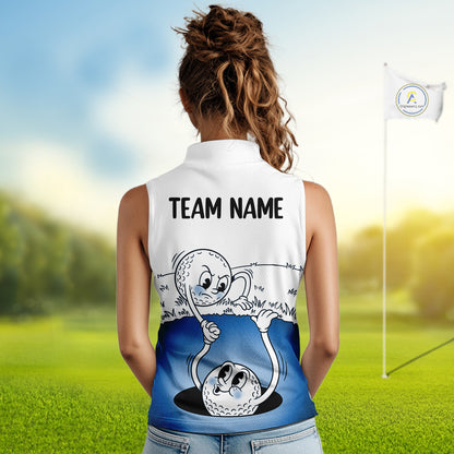 Blue Funny Sleeveless Golf Rescue Team Polo Shirt Custom Name, Golf Ball Cartoon Polo, White Golf Shirt NBT599
