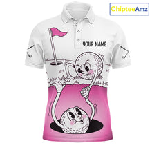 Load image into Gallery viewer, Pink Funny Golf Rescue Team Polo Shirt Custom Name, Golf Ball Cartoon Polo, White Golf Shirt NBT600