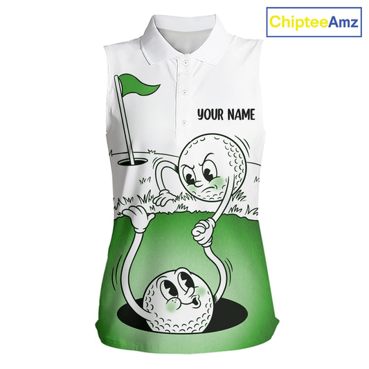 Green Funny Sleeveless Golf Rescue Team Polo Shirt Custom Name, Golf Ball Cartoon Polo, Golf Gifts NBT602