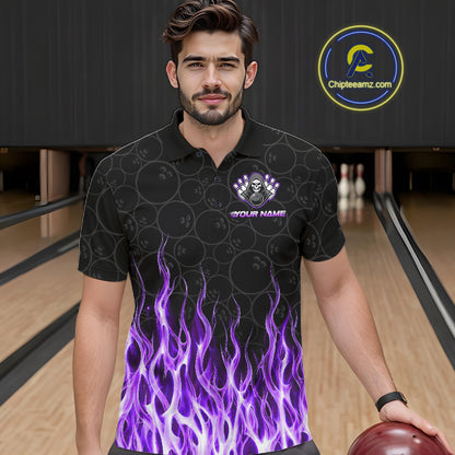 Custom Purple Fire Flame Grim Reaper Skull Bowling Menpolo & 1/4 Quarter Zip Shirt, Halloween Outfit NBT900