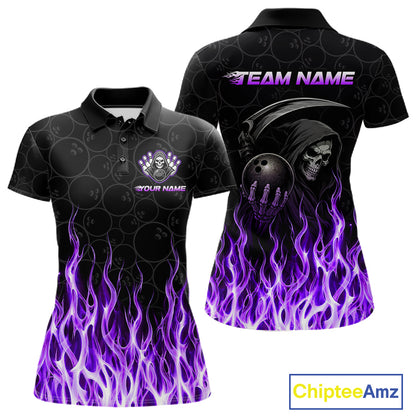 Custom Purple Fire Flame Grim Reaper Skull Bowling Women polo & 1/4 Quarter Zip Shirt, Halloween Outfit NBT900