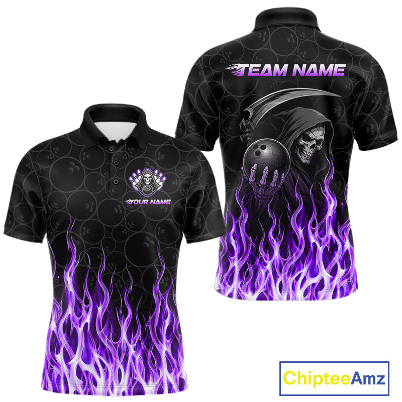 Custom Purple Fire Flame Grim Reaper Skull Bowling Menpolo & 1/4 Quarter Zip Shirt, Halloween Outfit NBT900