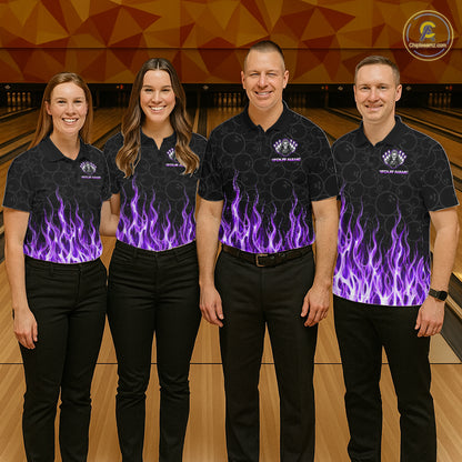 Custom Purple Fire Flame Grim Reaper Skull Bowling Women polo & 1/4 Quarter Zip Shirt, Halloween Outfit NBT900