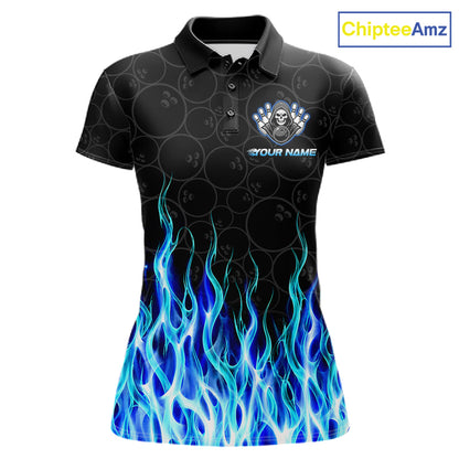 Custom Blue Fire Flame Grim Reaper Skull Bowling Women polo & 1/4 Quarter Zip Shirt, Halloween Outfit NBT901