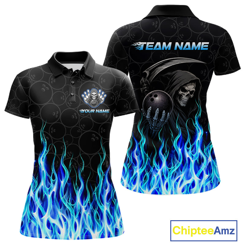Custom Blue Fire Flame Grim Reaper Skull Bowling Women polo & 1/4 Quarter Zip Shirt, Halloween Outfit NBT901