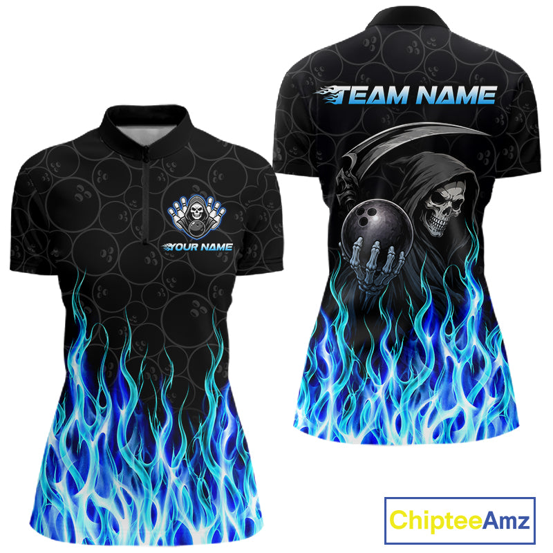 Custom Blue Fire Flame Grim Reaper Skull Bowling Women polo & 1/4 Quarter Zip Shirt, Halloween Outfit NBT901