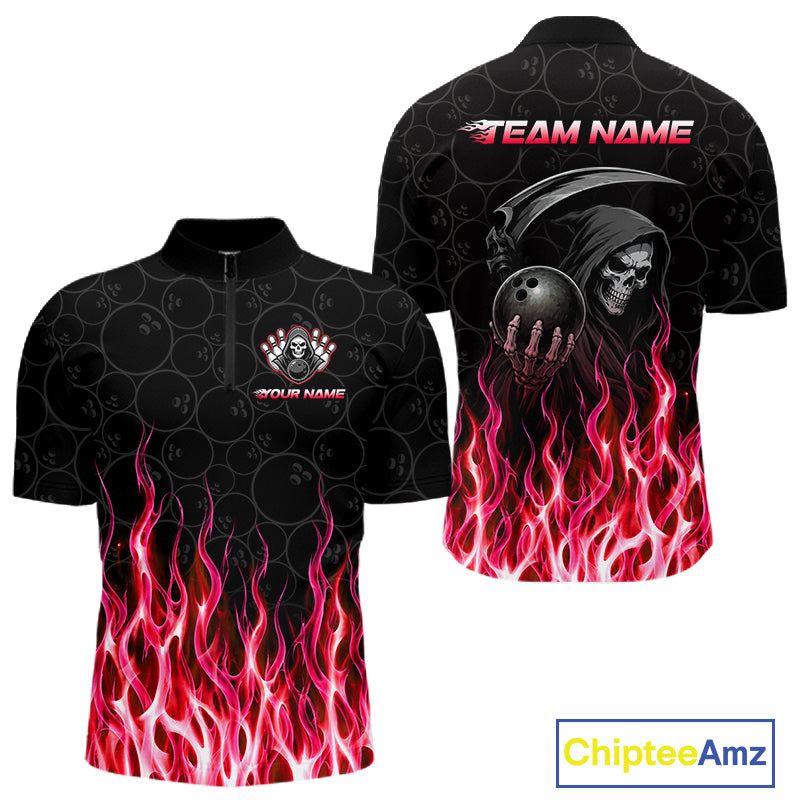 Custom Red Fire Flame Grim Reaper Skull Bowling Menpolo & 1/4 Quarter Zip Shirt, Halloween Outfit NBT902