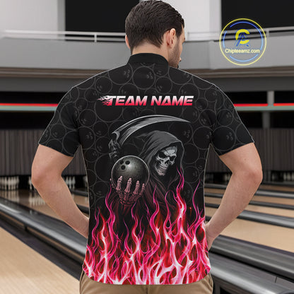 Custom Red Fire Flame Grim Reaper Skull Bowling Menpolo & 1/4 Quarter Zip Shirt, Halloween Outfit NBT902