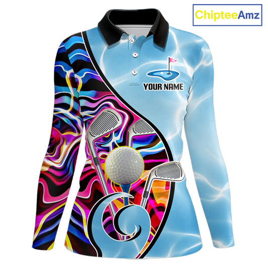 Womens Golf Polo Shirt Holographic Marble Golf Pattern For Team, Golf Attire For Women|Blue NBT724
