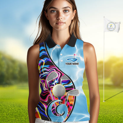 Womens Sleeveless Golf Polo Shirt Holographic Marble Golf Pattern For Team, Golf Attire For Women|Blue NBT724