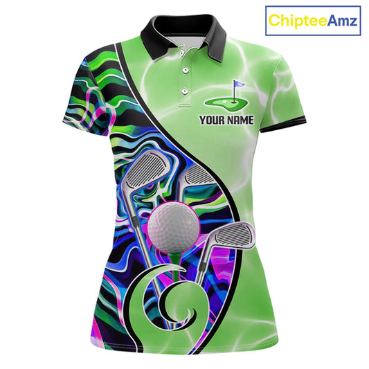 Womens Golf Polo Shirt Holographic Marble Golf Pattern For Team, Golf Attire For Women|Green NBT725