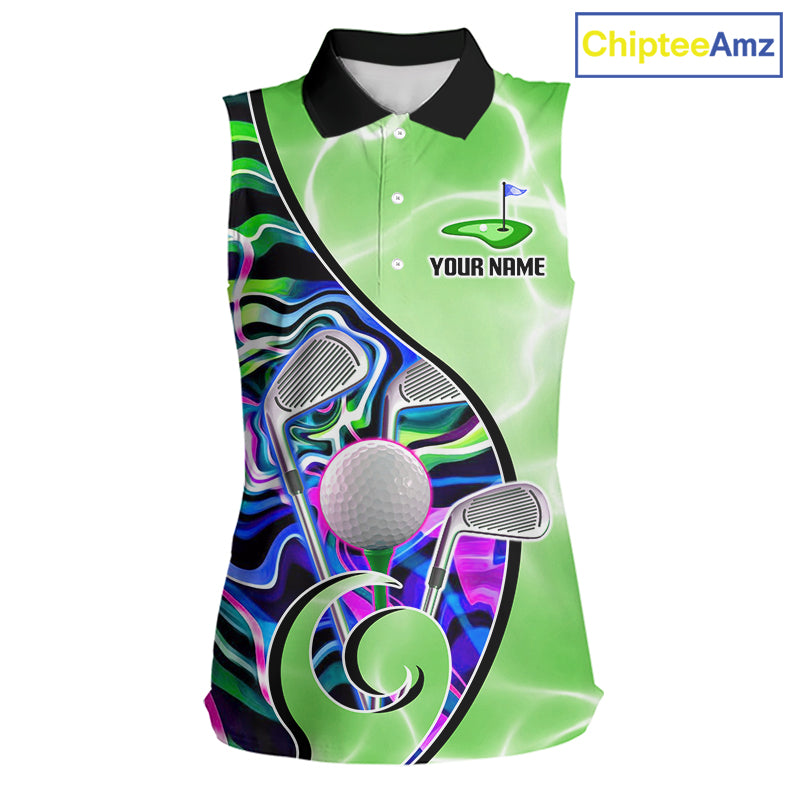Womens Sleeveless Golf Polo Shirt Holographic Marble Golf Pattern For Team, Golf Attire For Women|Green NBT725