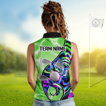 Womens Sleeveless Golf Polo Shirt Holographic Marble Golf Pattern For Team, Golf Attire For Women|Green NBT725