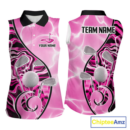 Womens Sleeveless Golf Polo Shirt Holographic Marble Golf Pattern For Team, Golf Attire For Women|Pink NBT726