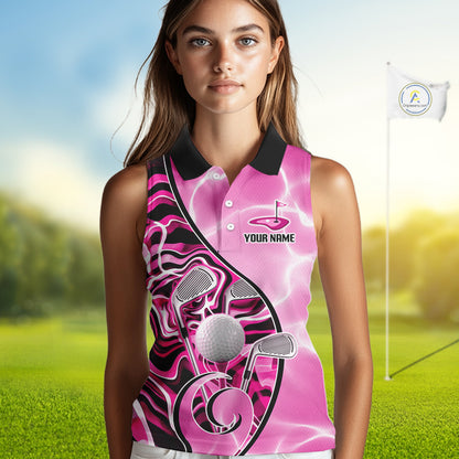 Womens Sleeveless Golf Polo Shirt Holographic Marble Golf Pattern For Team, Golf Attire For Women|Pink NBT726