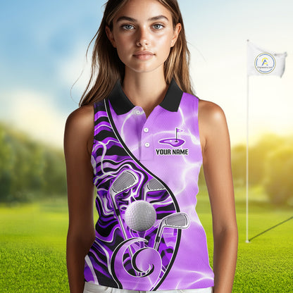 Womens Sleeveless Golf Polo Shirt Holographic Marble Golf Pattern For Team, Golf Attire For Women|Purple NBT727