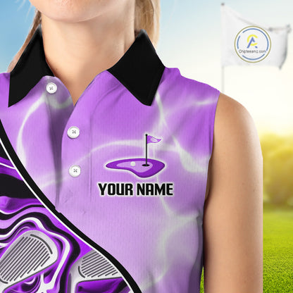 Womens Sleeveless Golf Polo Shirt Holographic Marble Golf Pattern For Team, Golf Attire For Women|Purple NBT727