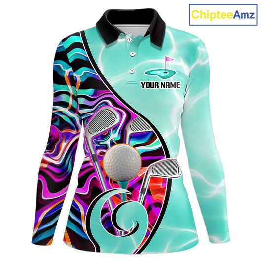 Womens Golf Polo Shirt Holographic Marble Golf Pattern For Team, Golf Attire For Women|Turquoise NBT728