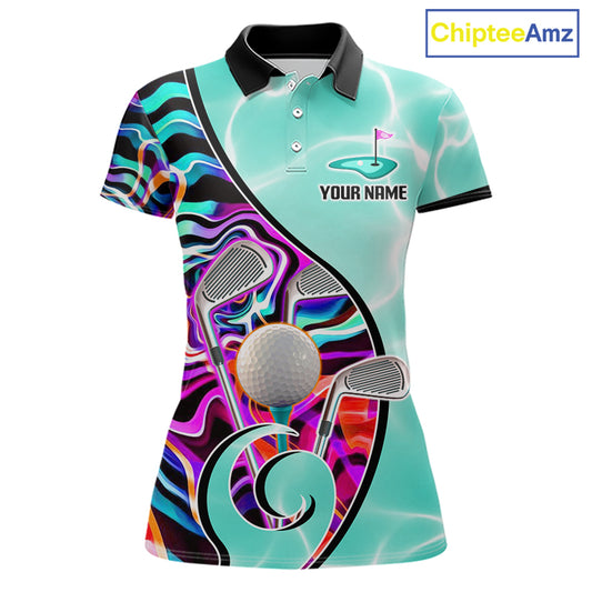 Womens Golf Polo Shirt Holographic Marble Golf Pattern For Team, Golf Attire For Women|Turquoise NBT728